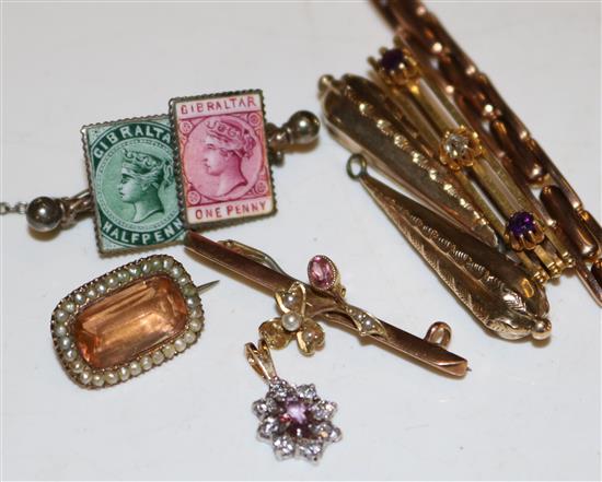 Gold watch, bracelet, pair earrings, 2 bar brooches, 3 other items